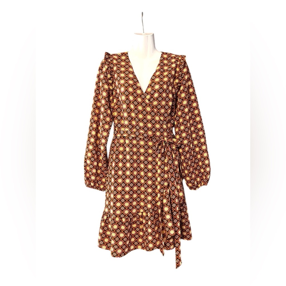 Draper James Long Sleeve Wrap Dress in Burgundy and Cream Geometric Print